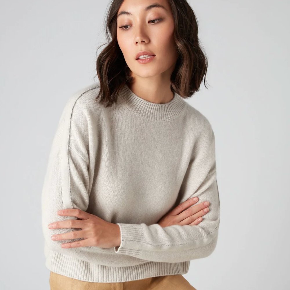 N Peal Women's Metal Trim Cashmere Sweater in Snow Gray | Size: Small | Like New